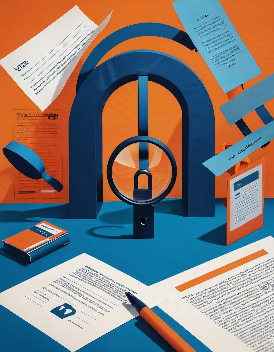 A captivating scene depicting a giant lock being opened, revealing various documents and digital screens showcasing diverse identities; in the foreground, a magnifying glass emphasizes the word 'Verification' on a paper. The background features abstract representations of myths like shadows of common stereotypes and myths. The colors are a blend of deep blues and bright oranges to symbolize knowledge breaking through misconceptions. minimalist style. vibrant colors. 3D.