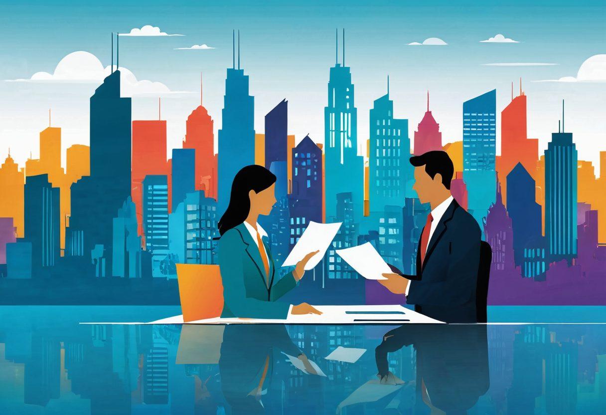 A job seeker and an employer engaged in a lively discussion, surrounded by floating icons representing background checks, verification documents, and job skills. The background features an abstract representation of a city skyline symbolizing career opportunities. The setting is bright and inviting, conveying trust and professionalism. The colors are vibrant and engaging, encouraging viewers to explore the topic further. minimalistic style.